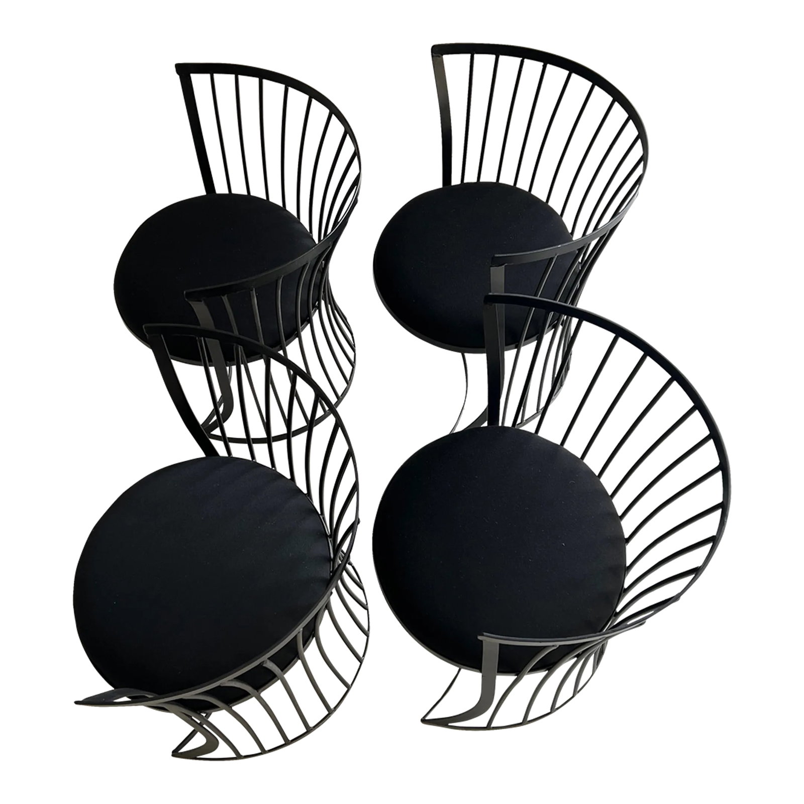 Vintage Modern Iron Patio Chairs With New Powder Coat and Cushions - Set of 4: Set of four vintage modern iron patio chairs, featuring a fresh black powder coat and new black cushions. In excellent vintage condition. Dimensions: 23"W x 21"D x 28.5"H Condition: Alterations: