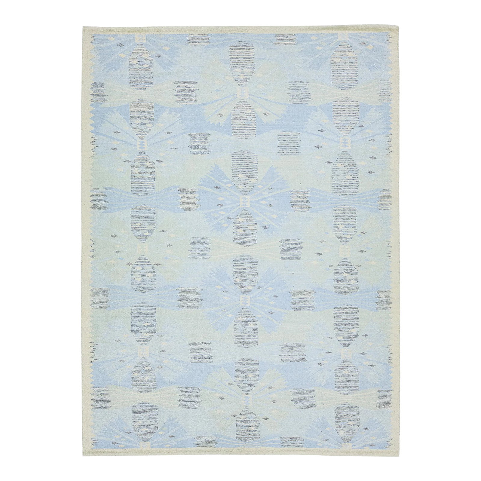 Modern Designed Swedish Style Wool & Silk Rug Handmade in Light Blue: This flatweave wool & silk rug features a chic contemporary Swedish design with a beige field color. It has a unique geometric pattern throughout the rug in light blue shades. This rug measures 9' x