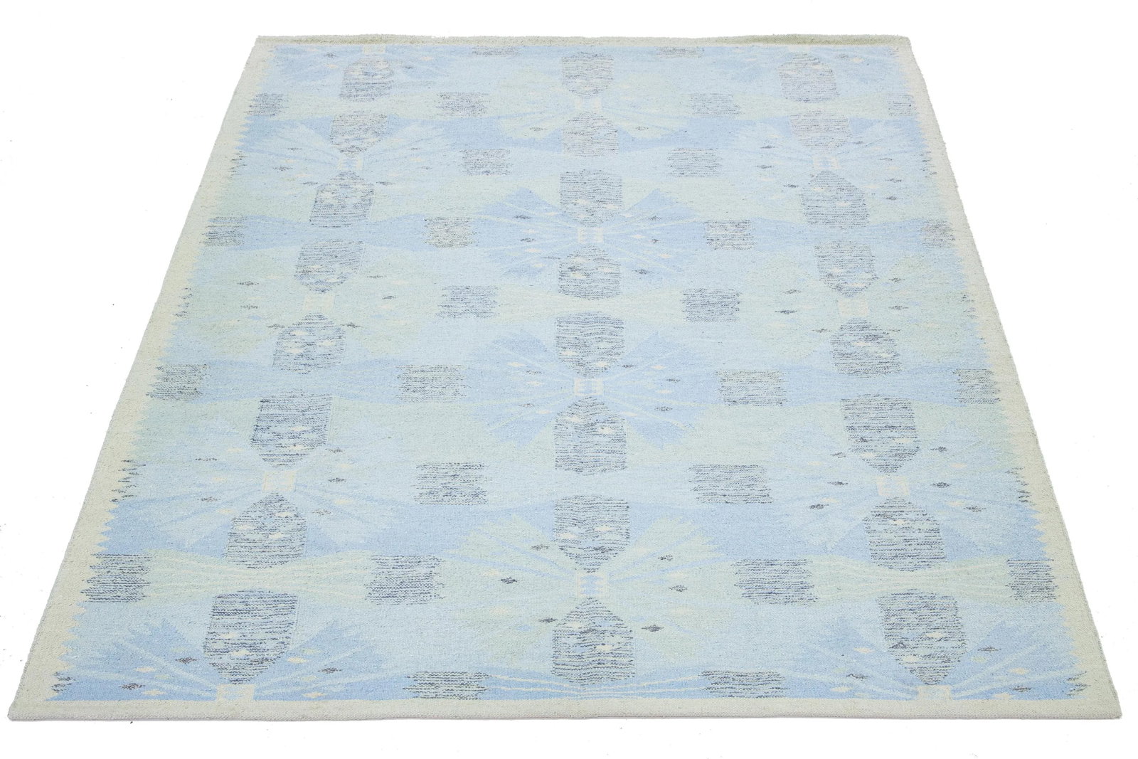 Modern Designed Swedish Style Wool & Silk Rug Handmade in Light Blue - 2