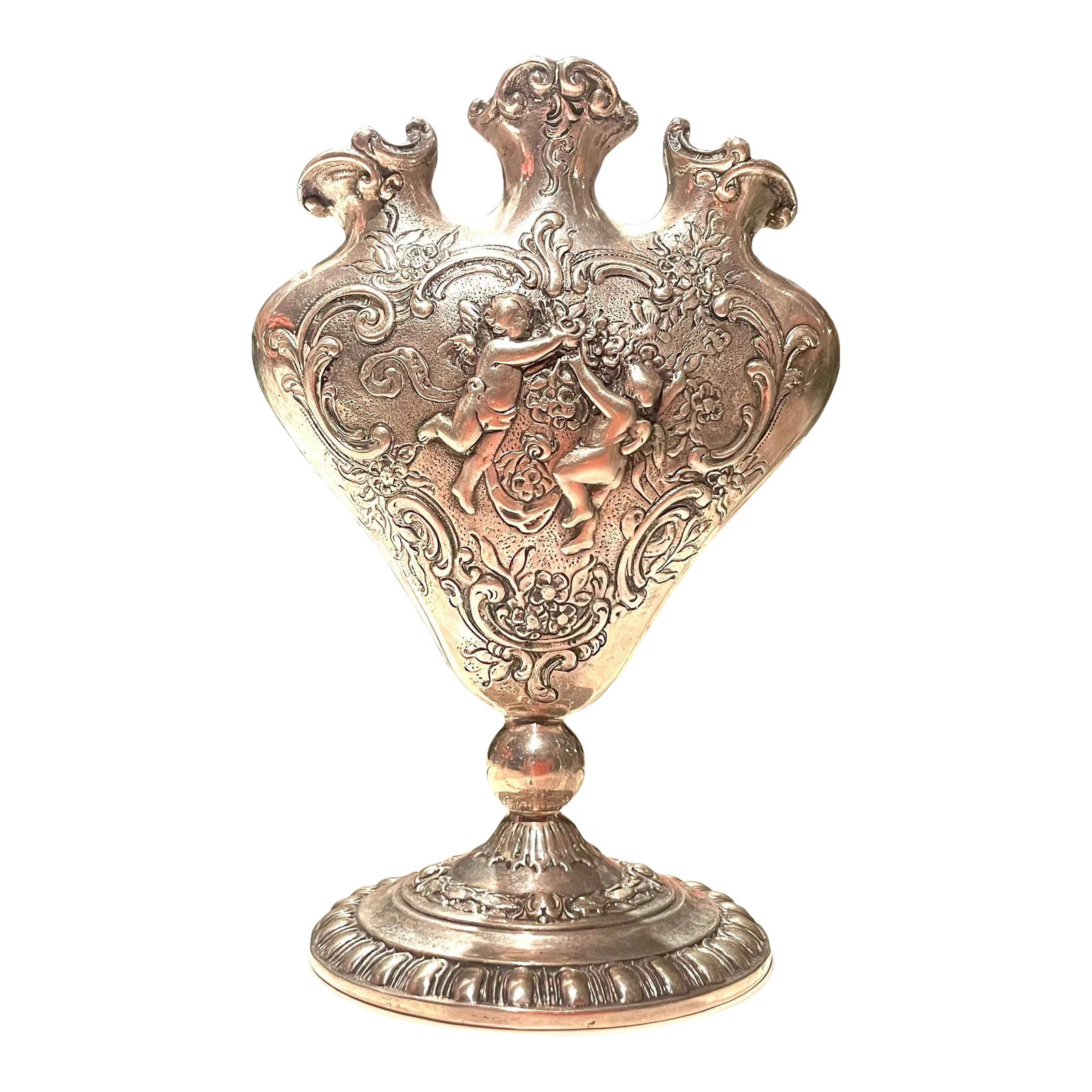 800 Silver Baroque Heart Tulipiere Bud Vase: This 19th Century antique heart shape bud vases was crafted from fine European silver, with lovely raised floral and putti, cupid angel relief. Includes (1) 5" vase, signed 800, and German crown