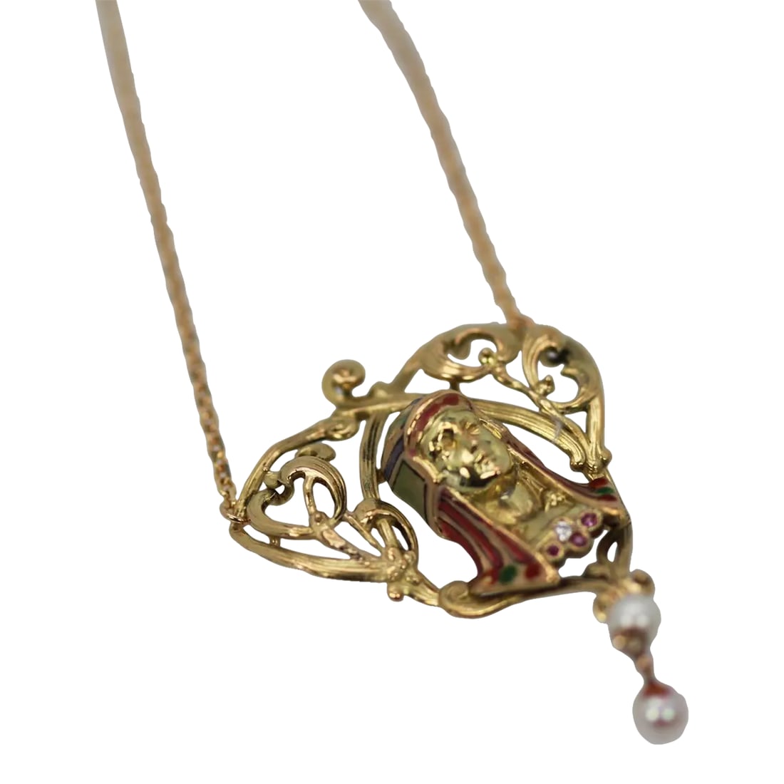 1940s Art Nouveau Egyptian Revival Enamel Necklace: This is part of Chairish's Fine Jewelry assortment. Art Nouveau Egyptian Revival Enamel Necklace 14K This lovely Art Nouveau Egyptian Revival Enamel Necklace started out as a pin and I converted it to