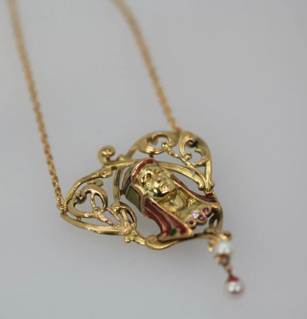 1940s Art Nouveau Egyptian Revival Enamel Necklace - 3