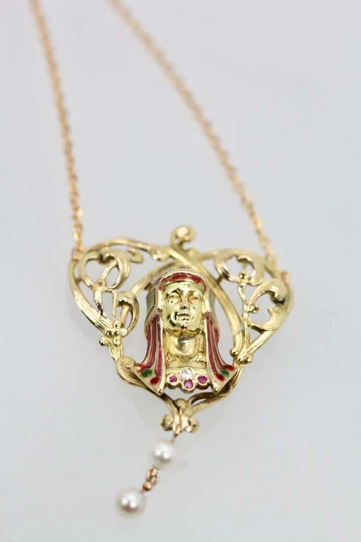 1940s Art Nouveau Egyptian Revival Enamel Necklace - 6