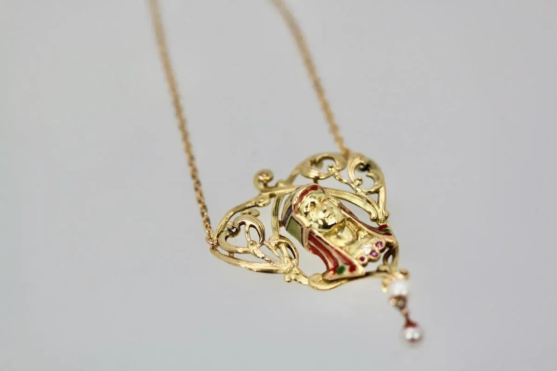 1940s Art Nouveau Egyptian Revival Enamel Necklace - 7