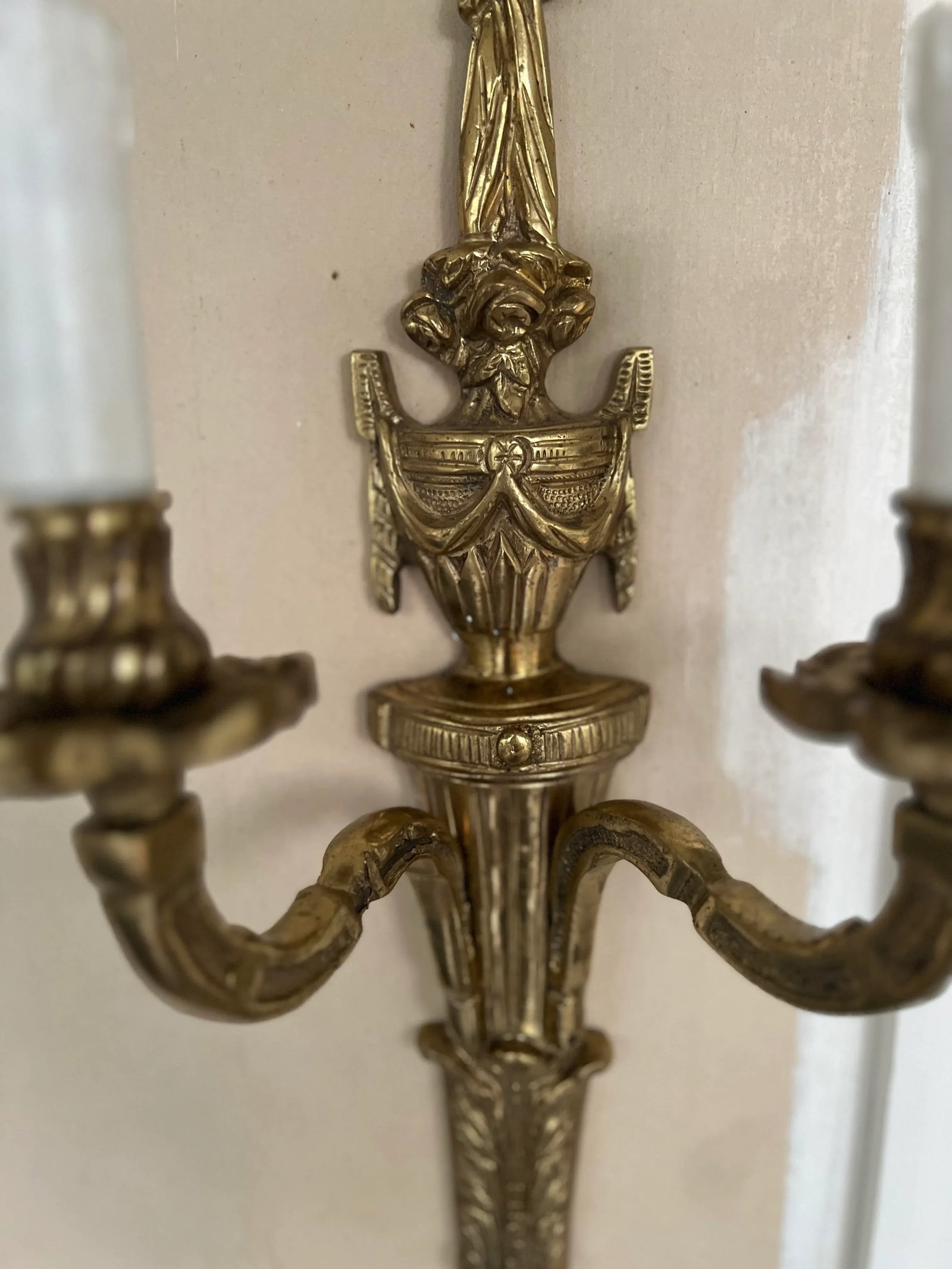 Pair, Vintage Italian Gilt Bronze Two-Light Wall Sconce - 5