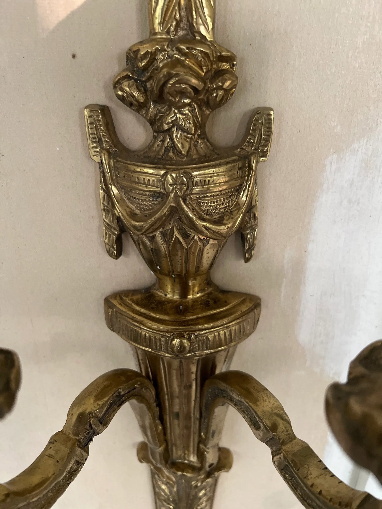 Pair, Vintage Italian Gilt Bronze Two-Light Wall Sconce - 8