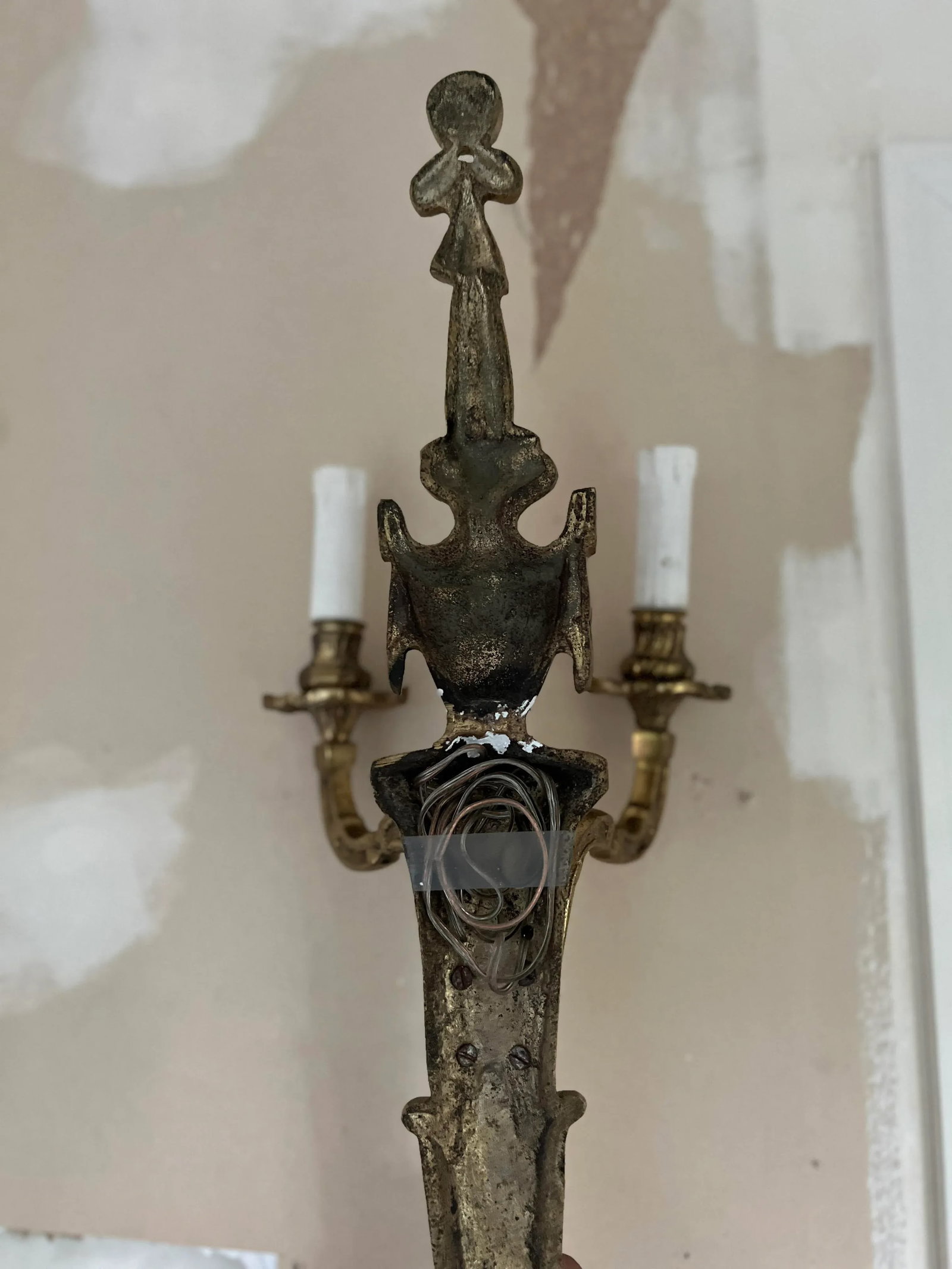 Pair, Vintage Italian Gilt Bronze Two-Light Wall Sconce - 9