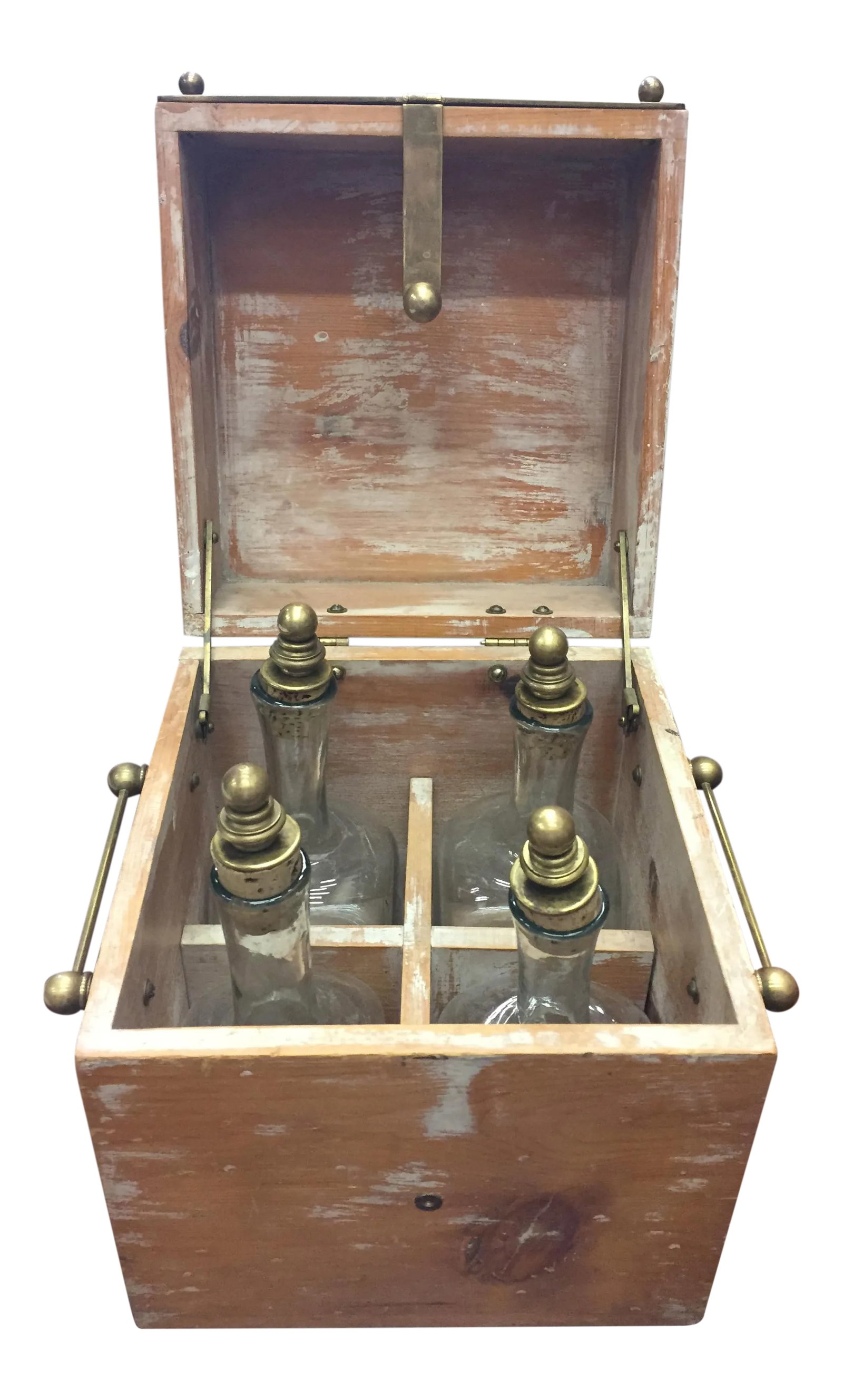 Old Spirits Box & Bottles: Wonderful distressed pickled wood spirits box with brass details having four handblown bottles inside topped with corks. Condition: Alterations: Original Condition Unaltered Imperfections: Some
