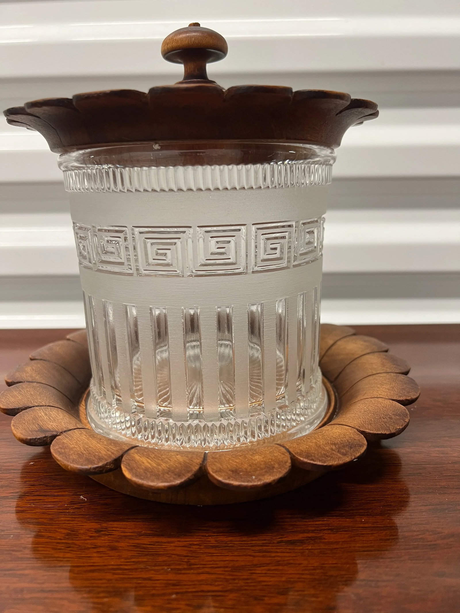 English Pressed Glass & Carved Oak Greek Key Motif Biscuit Barrel or Humidor - 2