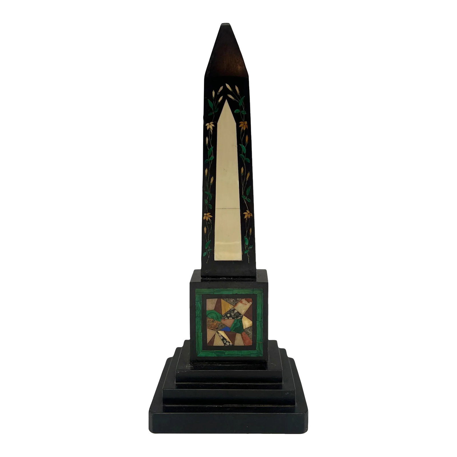 Grand Tour Era, Mixed Specimen Marble & Gemstone Obelisk: Continental, 19th century. A grand tour era (possibly Italian) obelisk constructed with a stepped black marble square base, a highly decorated mixed material stem which consists of malachite, lapis,