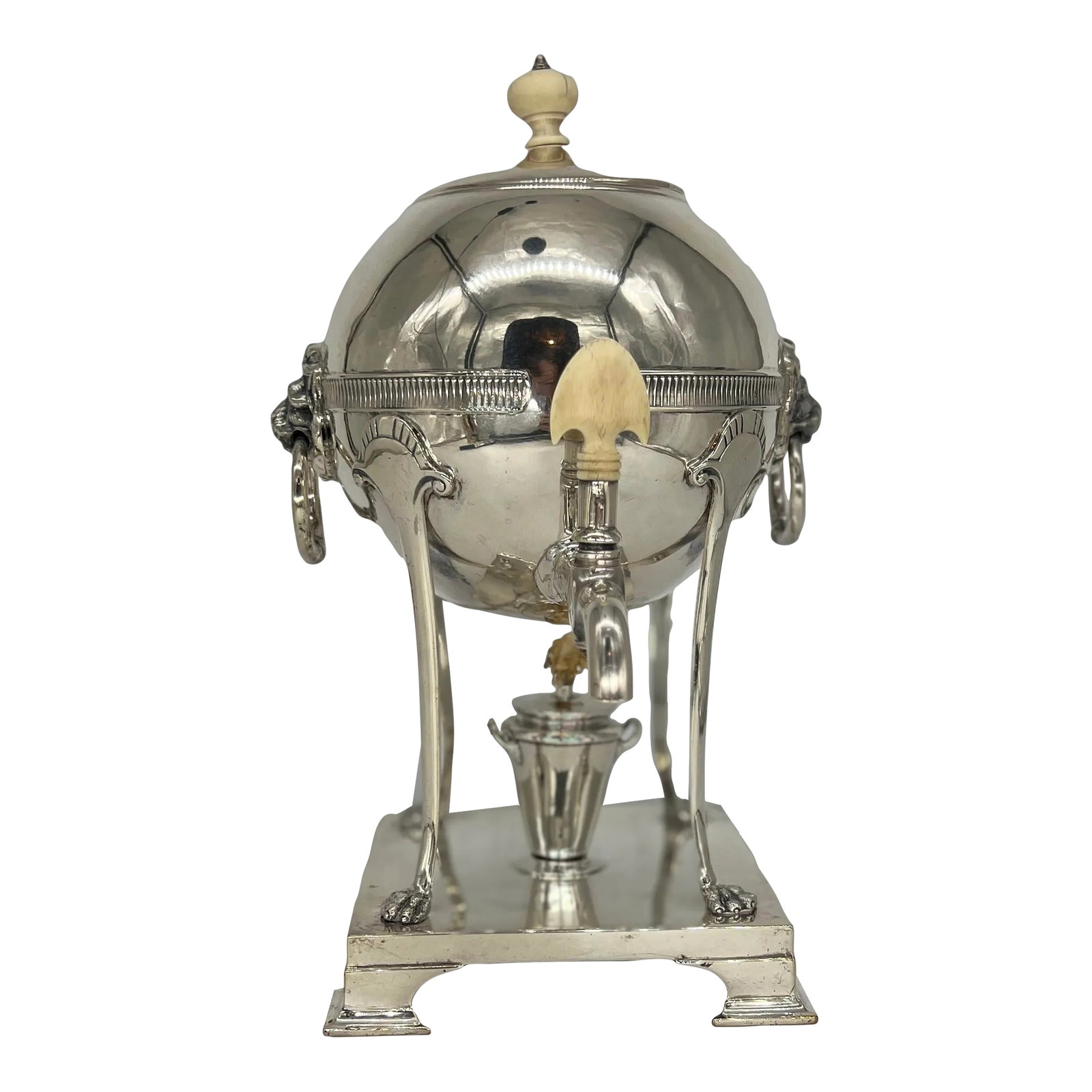 Neoclassical Style Silver Plated Hot Water Urn, Thomas Kirkpatrick New York: Thomas Kirkpatrick (American - New York, 1832-1920). A very fine quality silver plated hot water urn in the neoclassical style. Having a round main body with a reeded band, lion form door knocker
