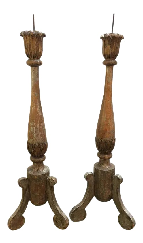 19th Century Silverleaf Carved Wood French Pricket Candlesticks - A Pair: Wonderful pair of French carved wood candlesticks with a yummy silverleaf distressed patina. Circa 1880 Condition: Alterations: Original Condition Unaltered Imperfections: Some Imperfections