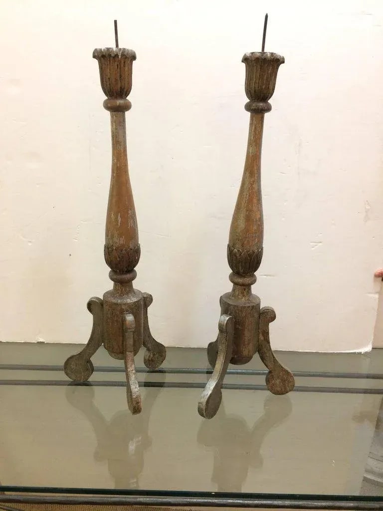 19th Century Silverleaf Carved Wood French Pricket Candlesticks - A Pair - 7