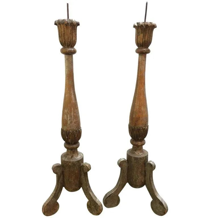 19th Century Silverleaf Carved Wood French Pricket Candlesticks - A Pair - 8
