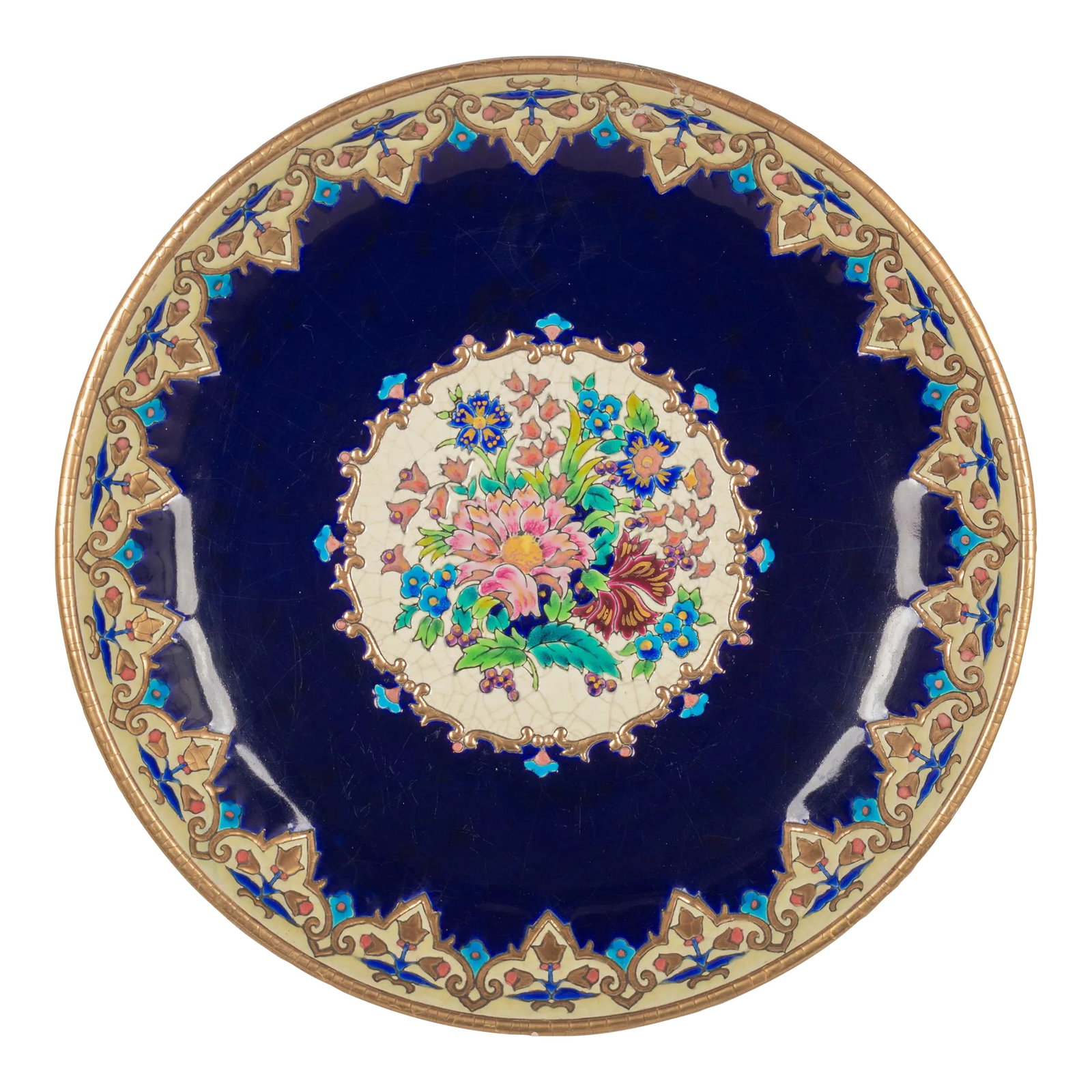 French Longwy Cloisonne Enamel Ceramic Bowl: A French Art Deco Longwy large ceramic centerpiece bowl, hand-painted in the style of Chinoiserie cloisonne enamel. Dark cobalt blue ground with a colorful central floral bouquet in, pink, orange, mag