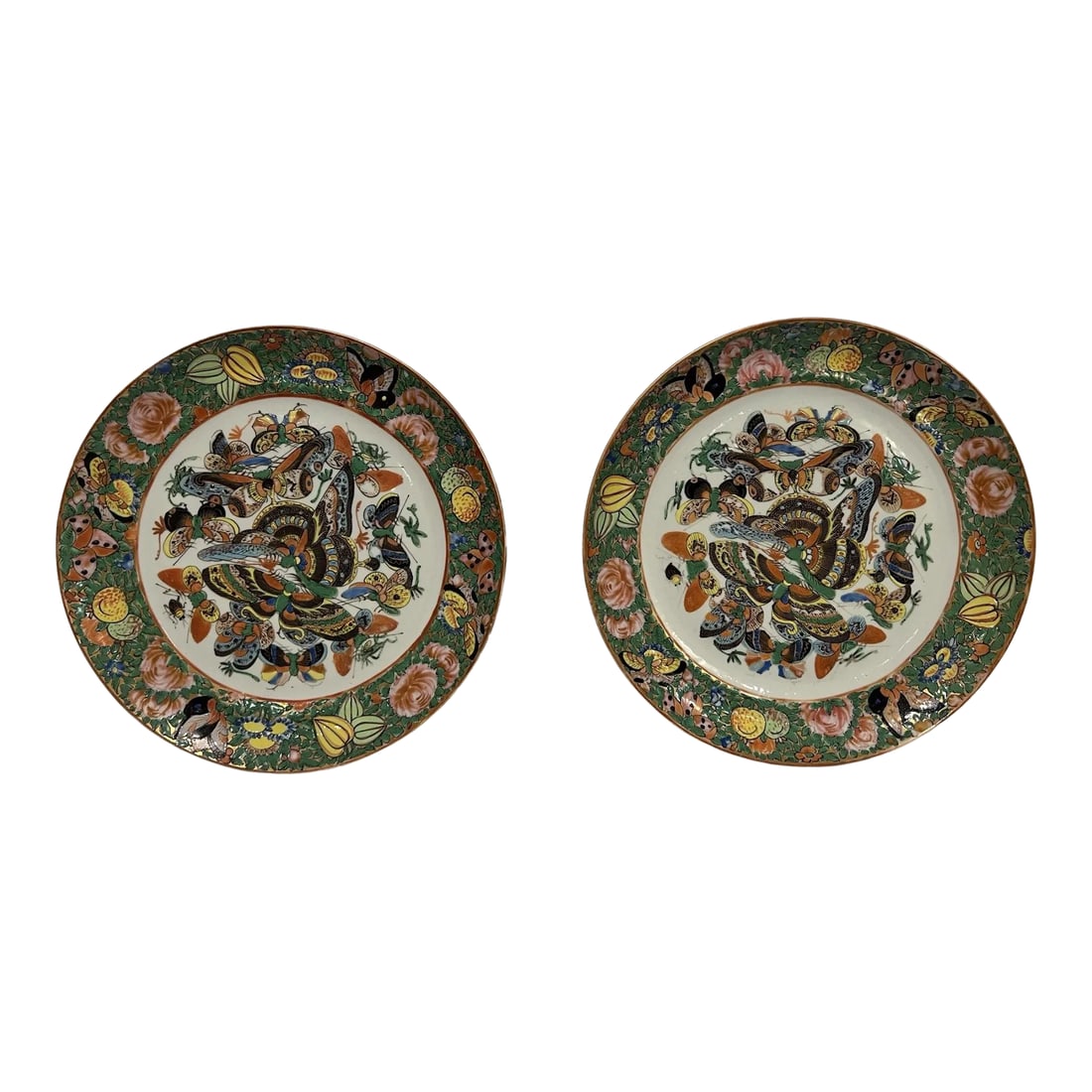 Pair, 19th Century Chinese Export "Thousand Butterfly" Porcelain Plates 9.5": Chinese, early 19th century. A pair of Chinese export porcelain "Thousand Butterfly" pattern porcelain plates. Each enamel decorated in the famille rose pattern with butterflies. Unmarked to verso. Co