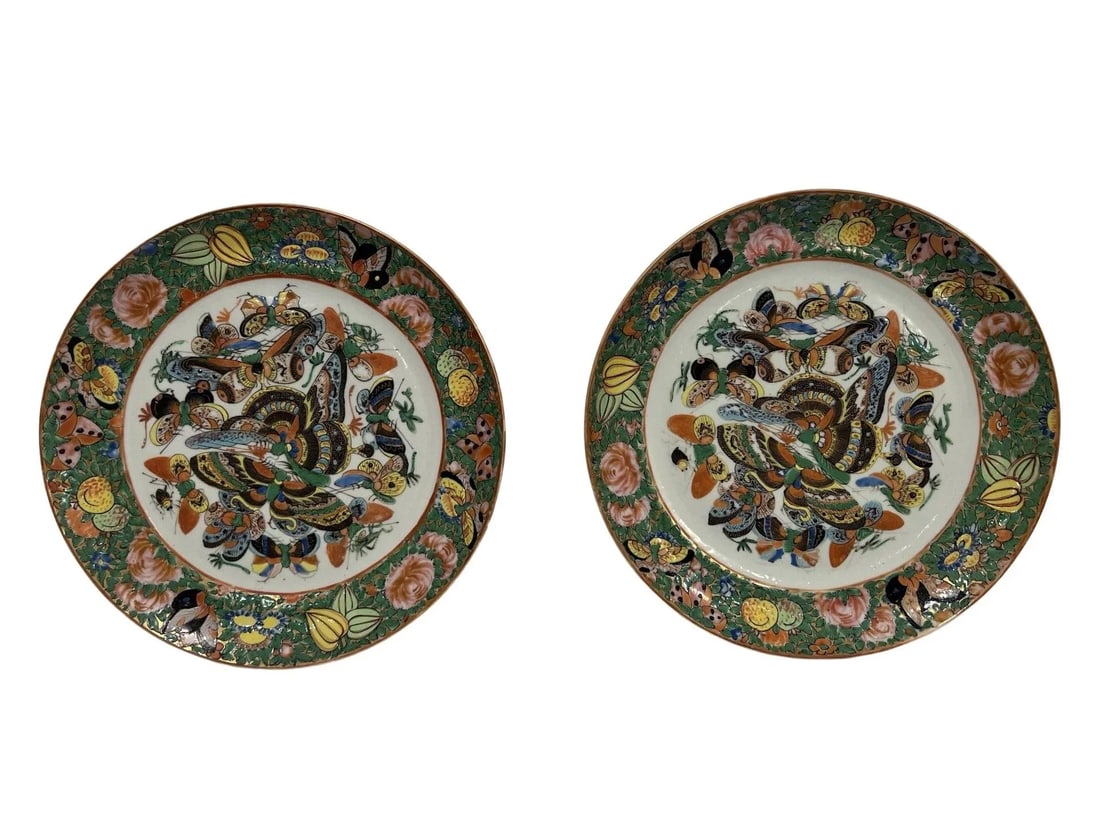 Pair, 19th Century Chinese Export "Thousand Butterfly" Porcelain Plates 9.5" - 2