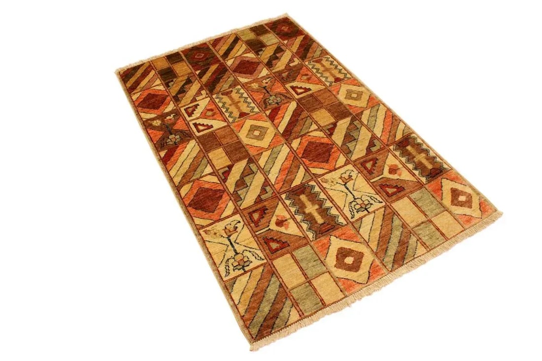 1990s Shabby Chic Gabbeh Tan/Brown Hand-Knotted Wool Rug -3'0 X 4'10 - 2