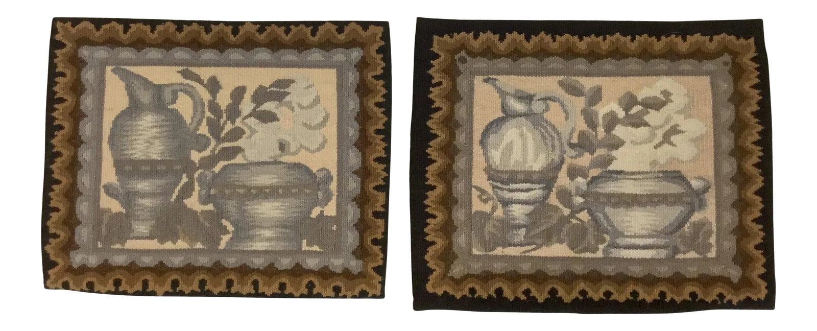 Antique Aubusson Tapestry Pillow Fragments - A Pair: Lovely pair of Aubusson Tapestries which were meant for pillow fronts. The sizes are not exact but they are close enough. Colors are a soft neutral and the theme is still life. These were purchased
