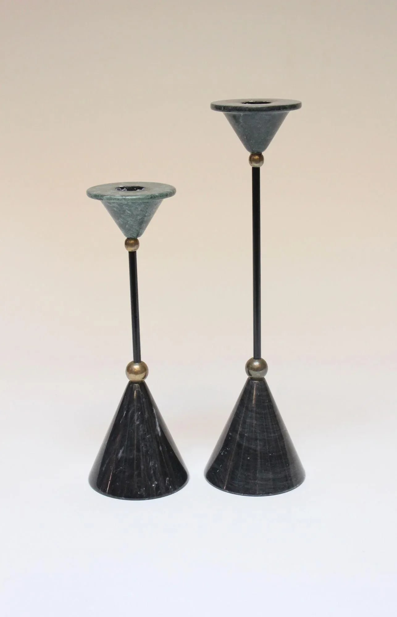 Memphis Postmodern Style Green and Black Marble Candleholders - Set of Two - 13