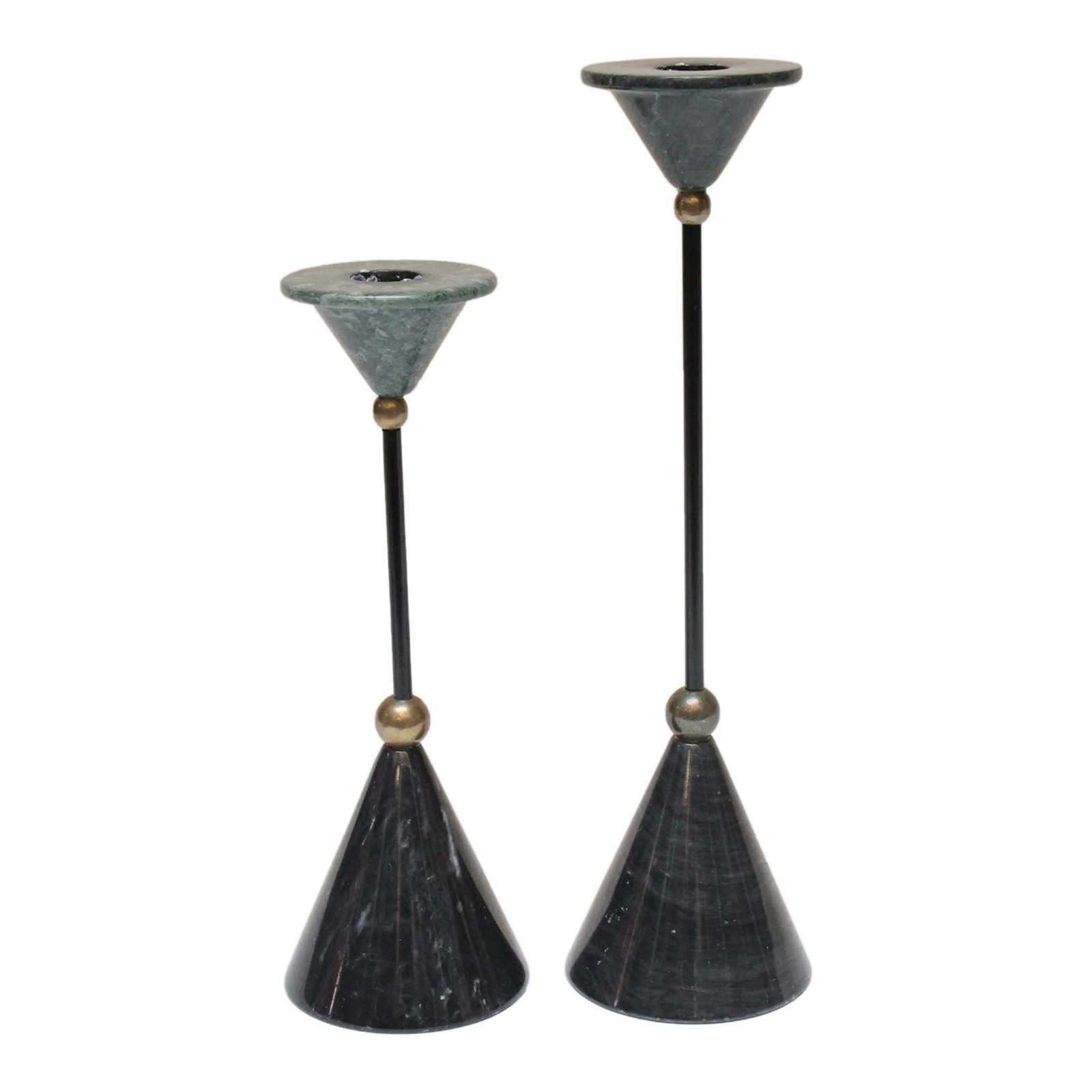 Memphis Postmodern Style Green and Black Marble Candleholders - Set of Two: Set of two Memphis Milano / Christian de Beaumont-Style candlesticks composed of green marble triangular holders connected to black marble conical bases by black metal rods and brass orb finials (ca. 