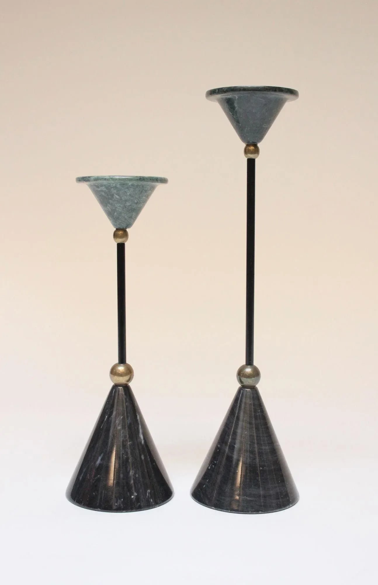 Memphis Postmodern Style Green and Black Marble Candleholders - Set of Two - 2