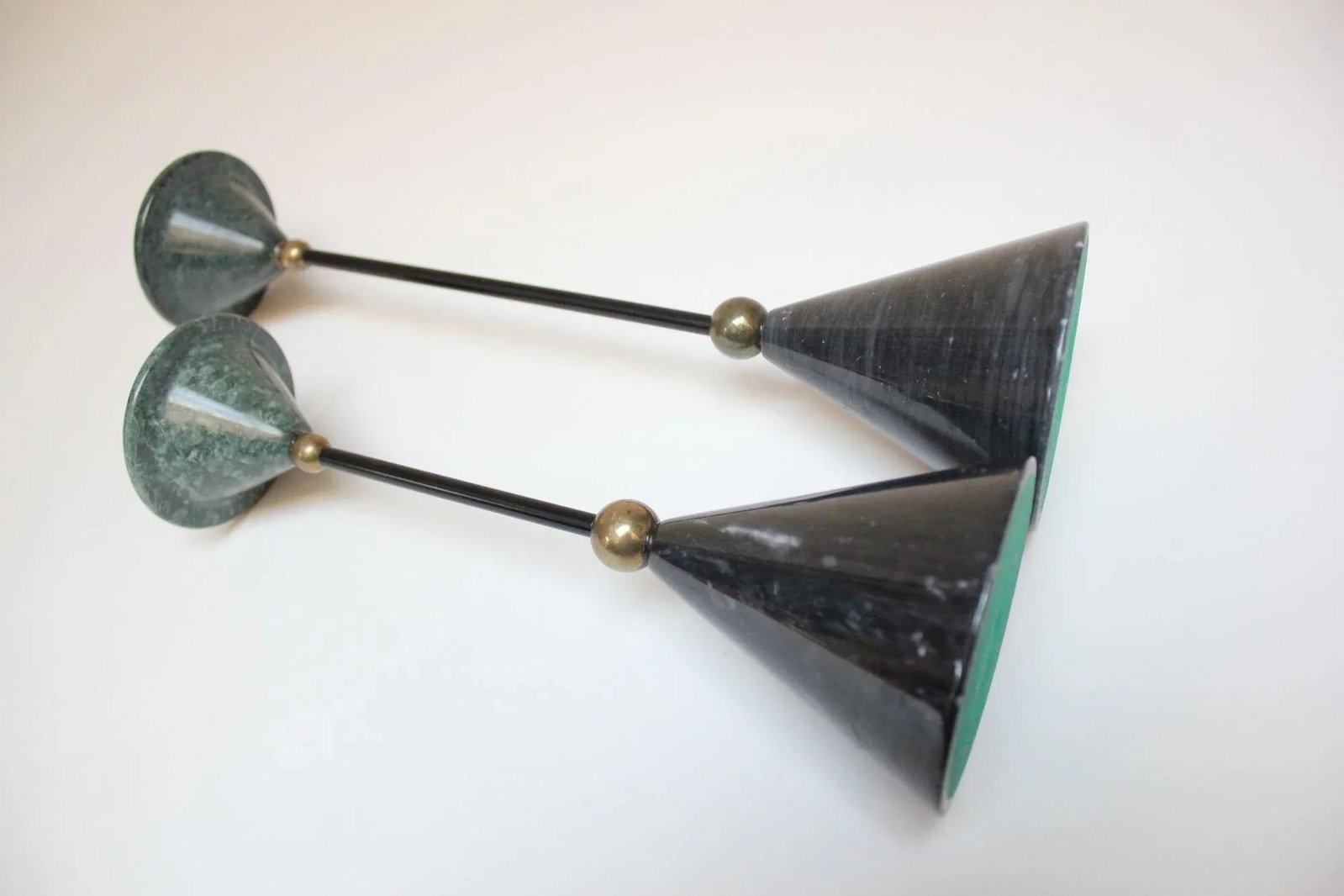 Memphis Postmodern Style Green and Black Marble Candleholders - Set of Two - 3