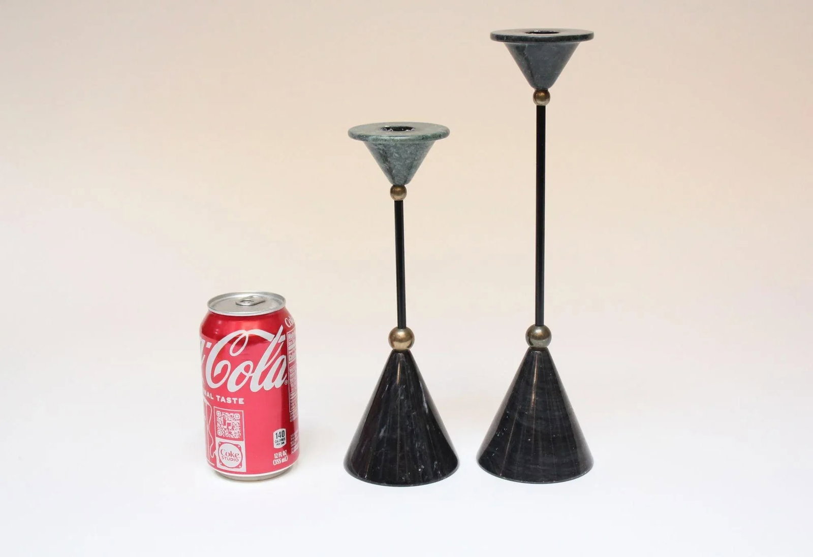 Memphis Postmodern Style Green and Black Marble Candleholders - Set of Two - 4