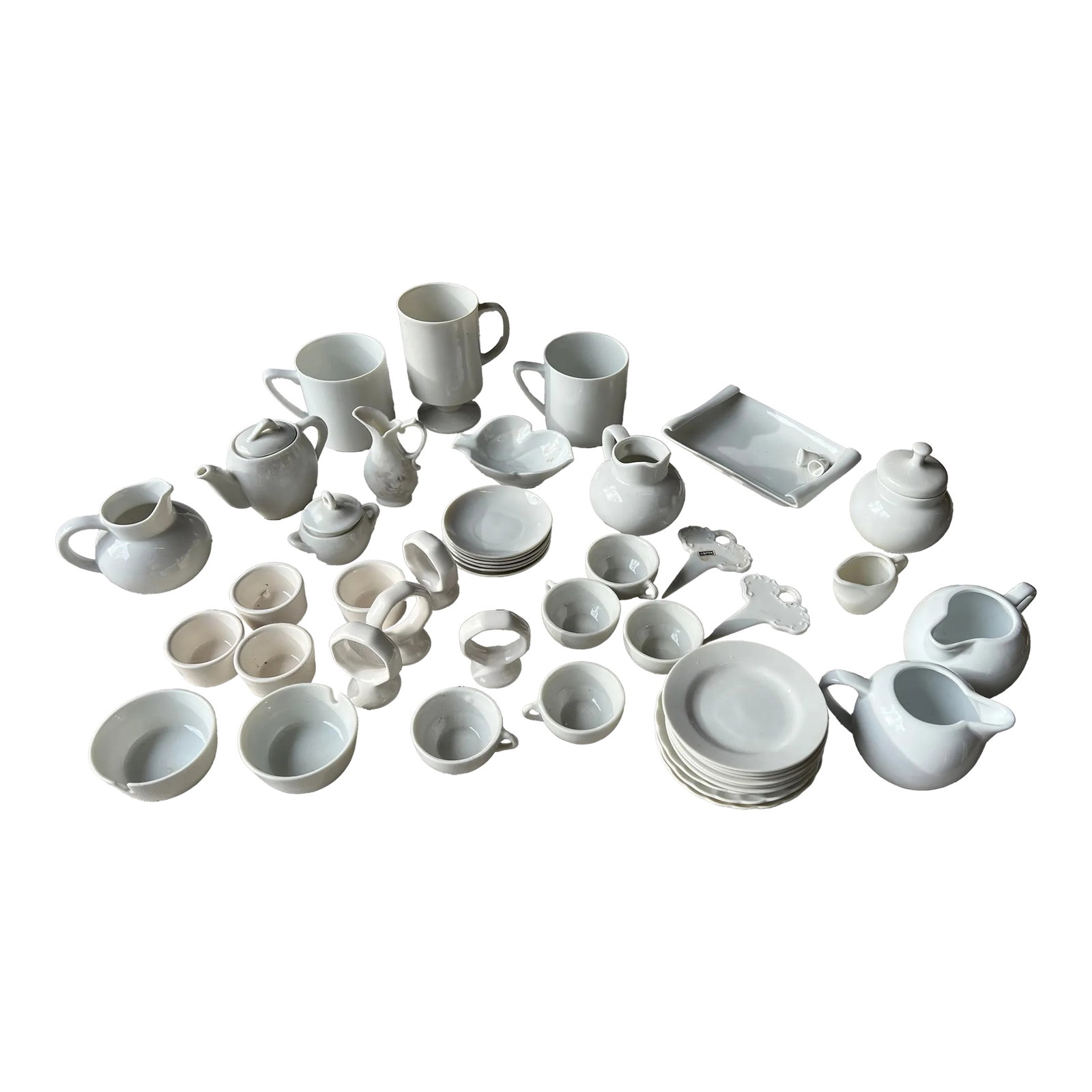 Large 1970s Collection of Japan White Pieces- 46 Pieces: Up for consideration is a large collection of milk glass pieces such as plates, cups, and other serving dishes. These would look perfect on display in your home and they are great for the interior des