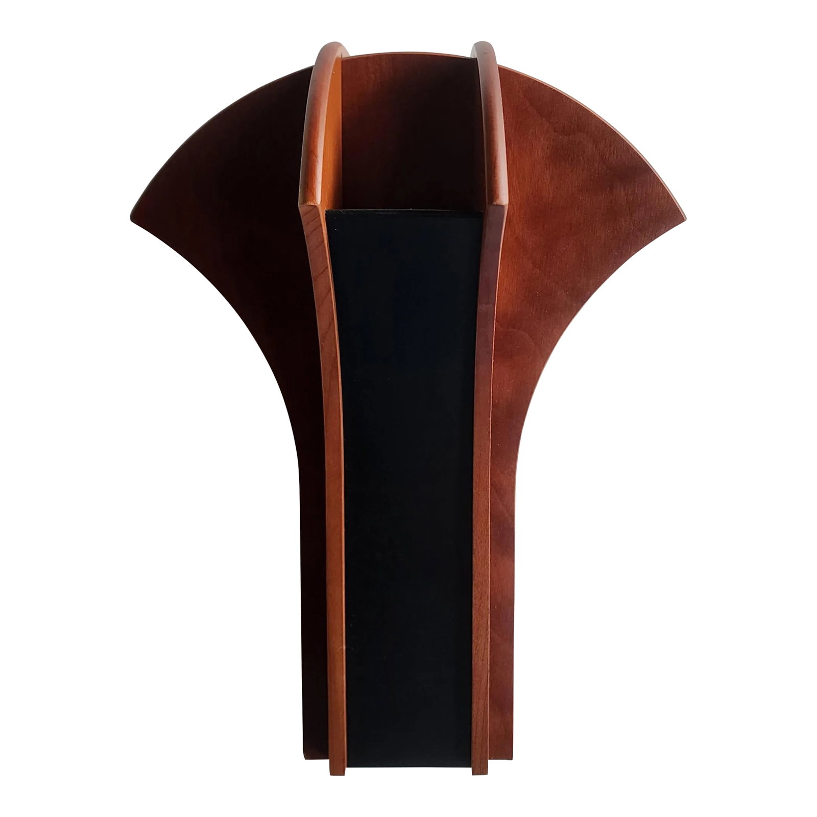 Late 20th Century Handmade Segmented Italian Wood Vase Formed With Bent Wood Sections by Coruna: Handmade brown and black wooden vase made with black bent wood forming the small upper pockets that surround a deeper center section. The shorter outer pockets would work well for separating a floral