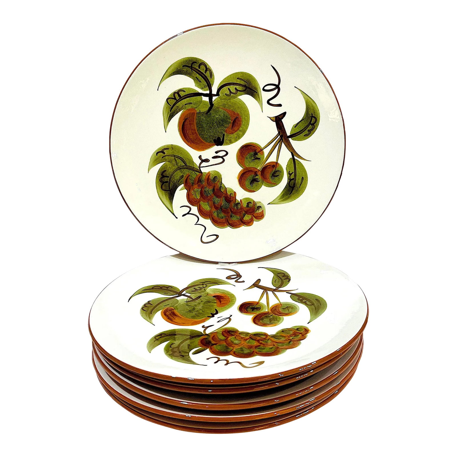 1960's Hand-Painted Stangl "Orchard Song" Dinner Plates - Set of 6: Everybody stepped things up during the mid-twentieth century modern boom. Including the venerable Trenton N.J. pottery Stangl which had been producing pottery since 1814. Starting in 1955 producing ha