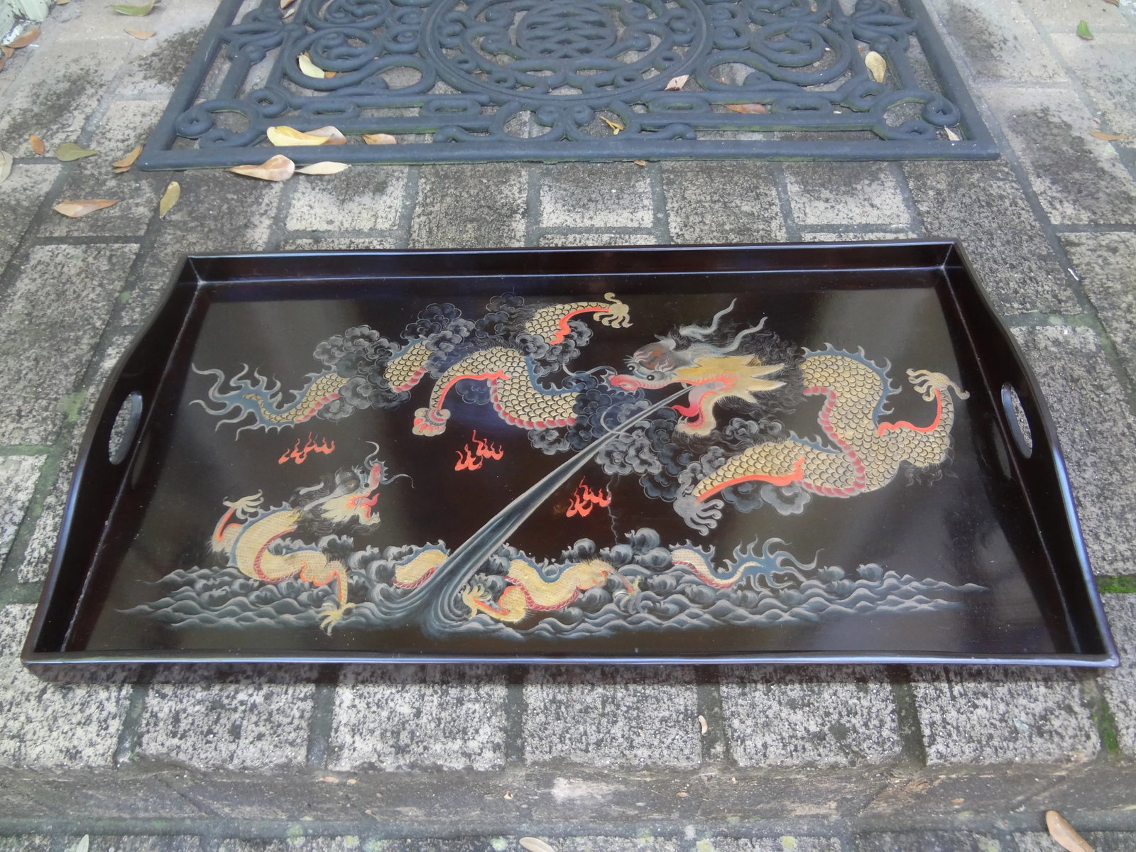 Antique Chinese Lacquer Tray With Dragons - 2