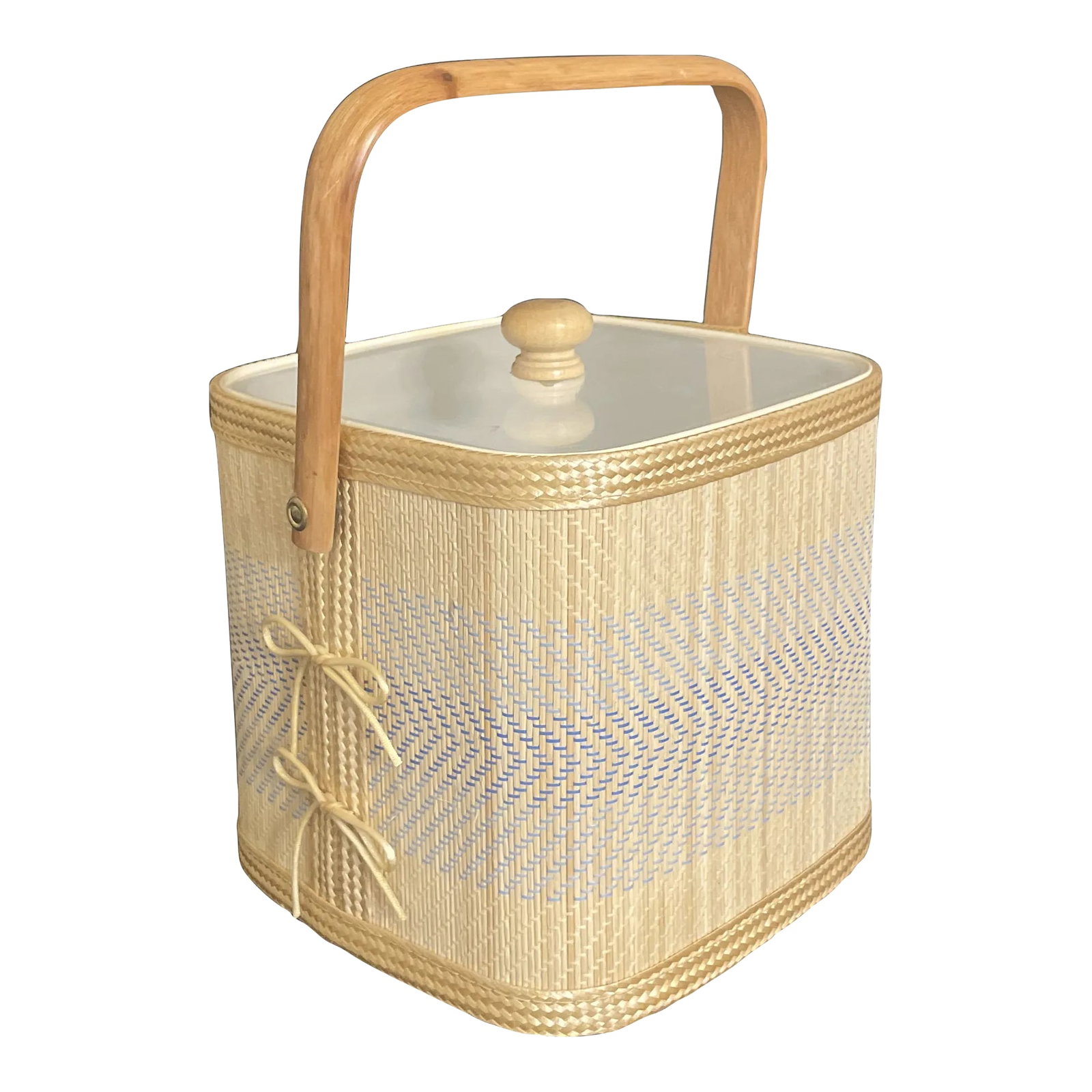 Mid 20th Century Raffia Covered Ice Bucket: Perfect for outdoor entertaining. This ice bucket has coastal vibes. It's covered in raffia with shades of blue, light blue and raffia tan. It is large enough to not only be decorative but actually