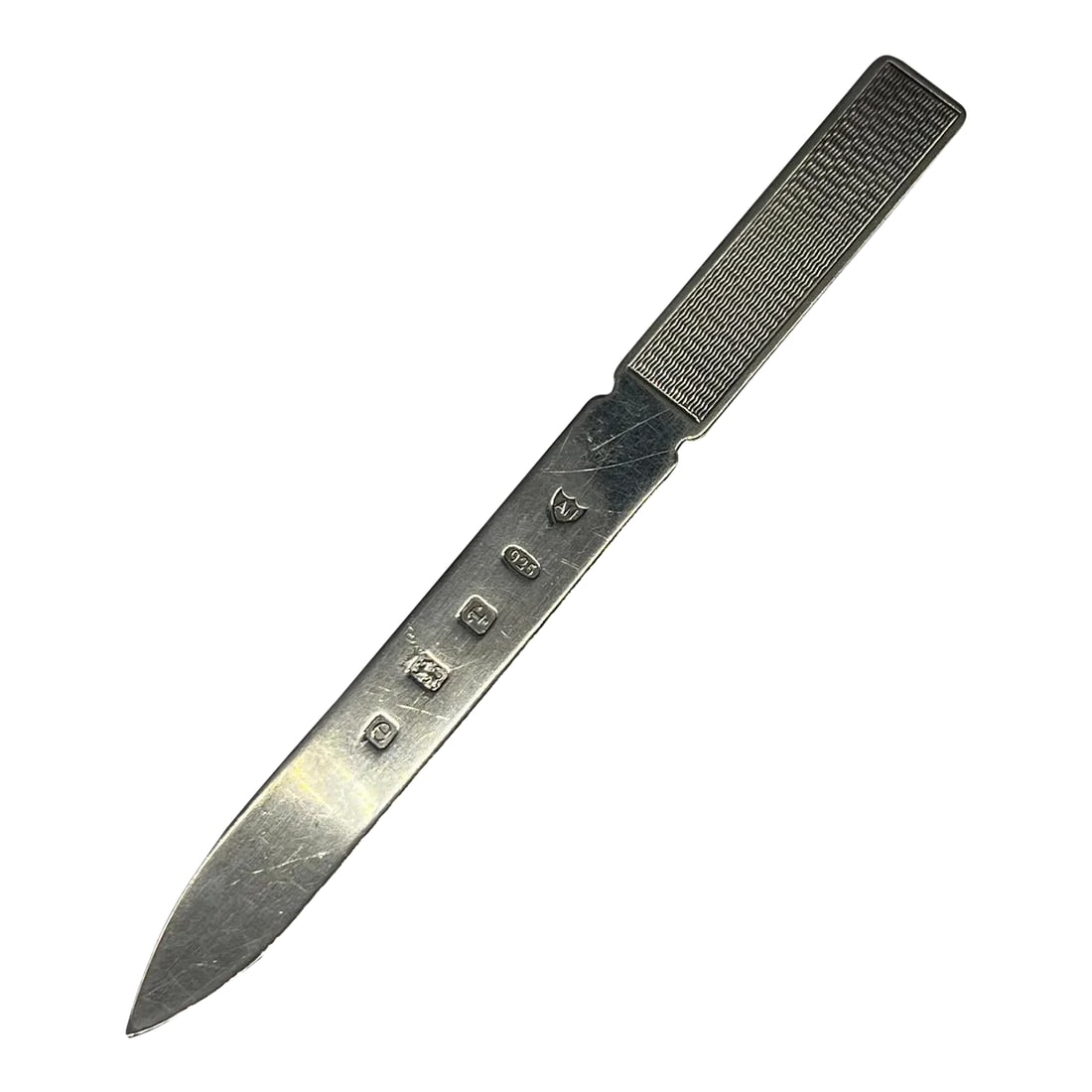 Edwardian Style Engine Turned Letter Opener Sterling Silver Ari D Norman - 2004: Ari D Norman (English, L. 20th / E. 21st Century), circa 2004. A beautiful sterling silver letter opener with an engine turned handle and fully hallmarked to the blade. Condition: Alterations: Origina