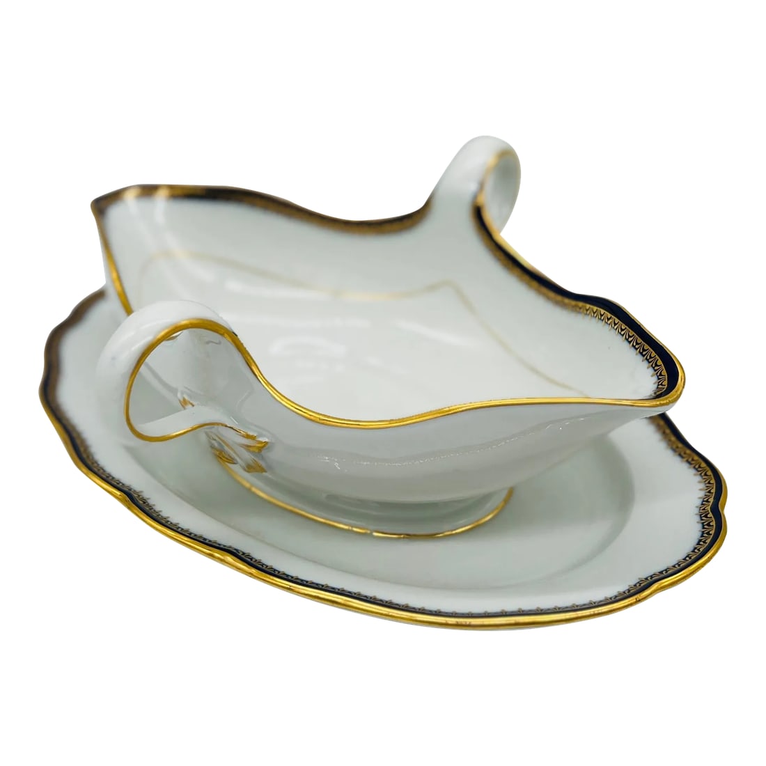 Meissen Porcelain Cobalt & Gold Rim Decorated Sauce Boat: Meissen Porcelain Cobalt & Gold Rim Decorated Sauce Boat with attached under plate. Marked to underside. Please note I have another listing for a matching soup tureen. Condition: Alterations: