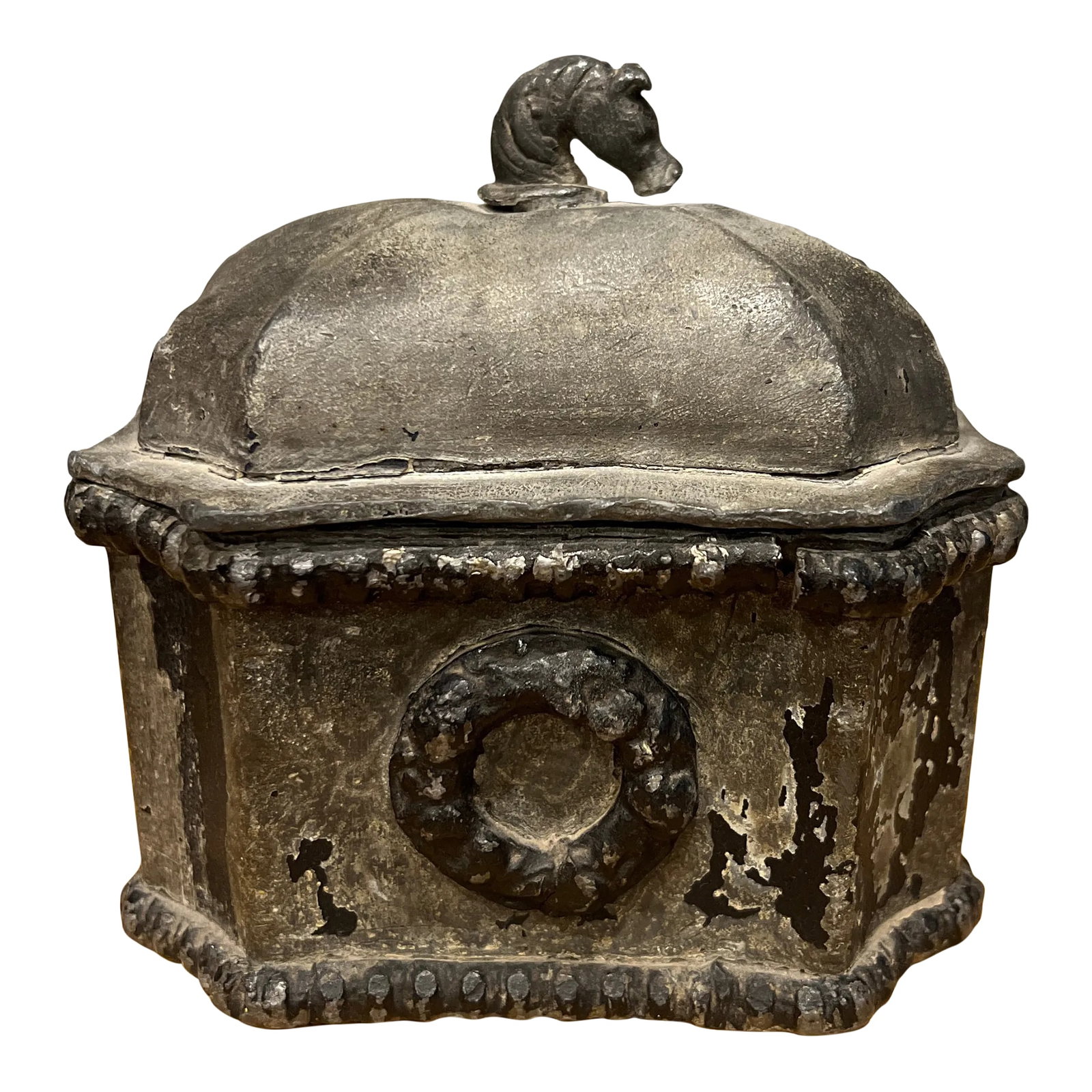 18th Century, English Georgian Lead Tobacco Keeper - Horse Finial: English, mid 18th century. A great neoclassical example of an English community tobacco keeper. These traditional boxes are made of lead and designed to hold a group of individuals tobacco and not