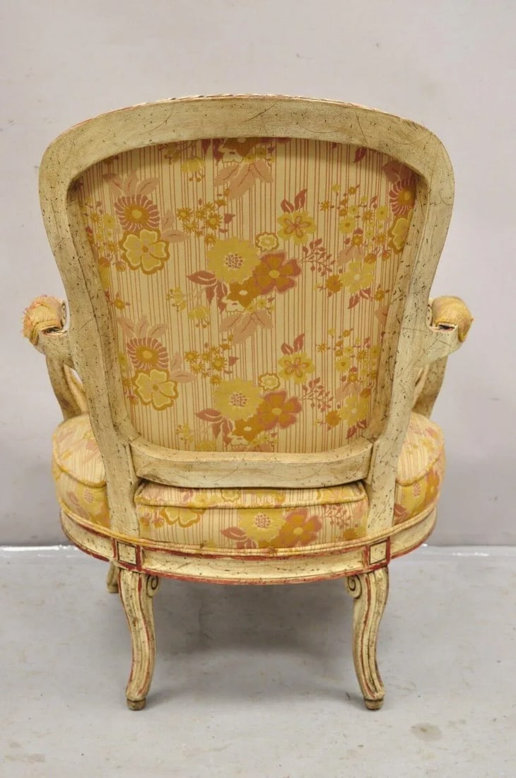 Mid 20th Century Vintage French Louis XV Style Cream and Red Painted Low Boudoir Fauteuil Chair - 10