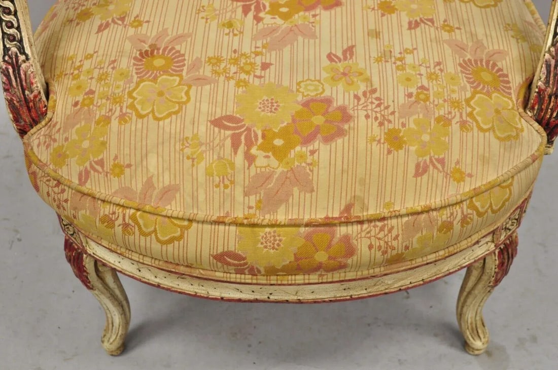 Mid 20th Century Vintage French Louis XV Style Cream and Red Painted Low Boudoir Fauteuil Chair - 11