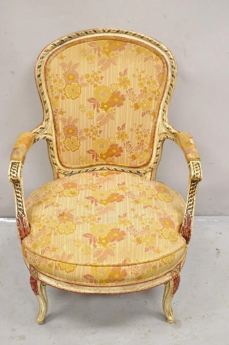 Mid 20th Century Vintage French Louis XV Style Cream and Red Painted Low Boudoir Fauteuil Chair - 12