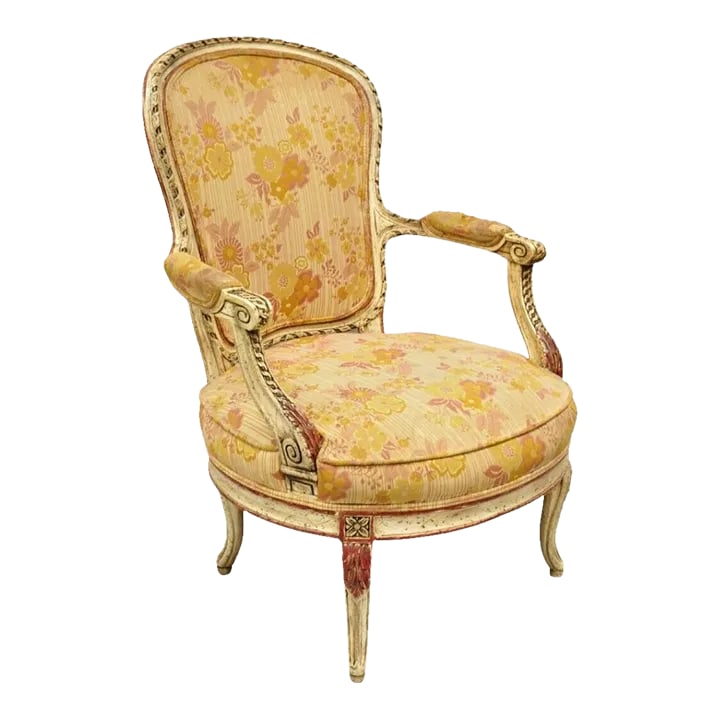 Mid 20th Century Vintage French Louis XV Style Cream and Red Painted Low Boudoir Fauteuil Chair: Vintage French Louis XV Style Cream and Red Painted Low Seat Boudoir Fauteuil Arm Chair. Circa Mid 20th Century. Measurements: 35" H x 25" W x 27.5" D x 14" Seat height x 23" Arm height. Condition: Al