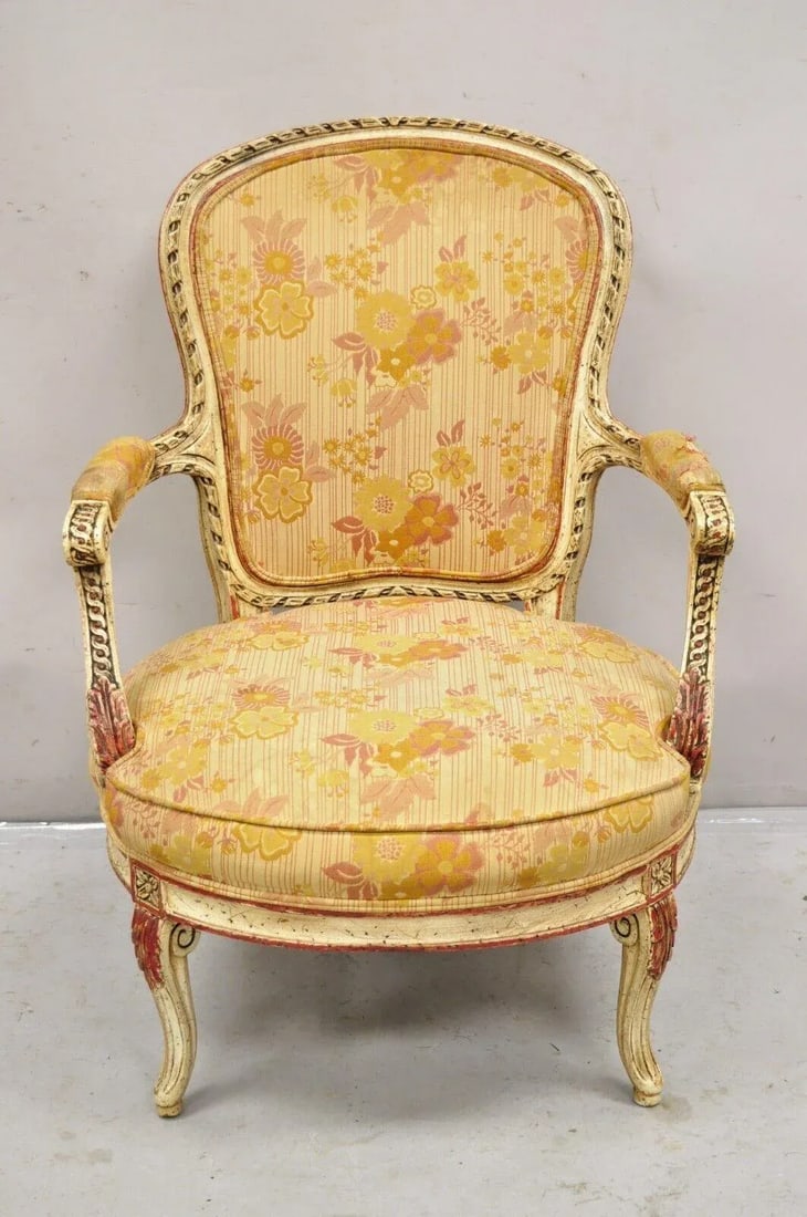 Mid 20th Century Vintage French Louis XV Style Cream and Red Painted Low Boudoir Fauteuil Chair - 2