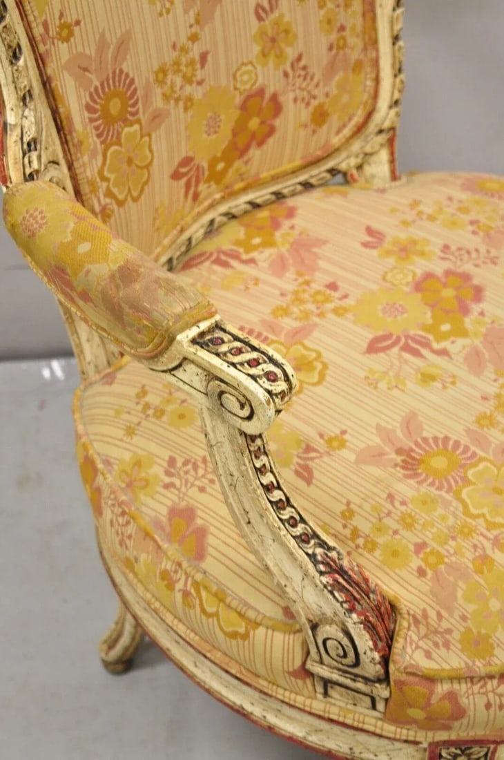 Mid 20th Century Vintage French Louis XV Style Cream and Red Painted Low Boudoir Fauteuil Chair - 3