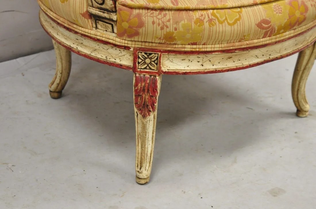 Mid 20th Century Vintage French Louis XV Style Cream and Red Painted Low Boudoir Fauteuil Chair - 7