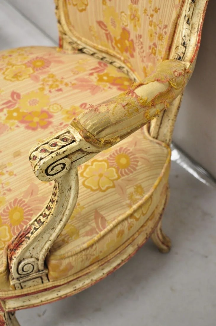 Mid 20th Century Vintage French Louis XV Style Cream and Red Painted Low Boudoir Fauteuil Chair - 8