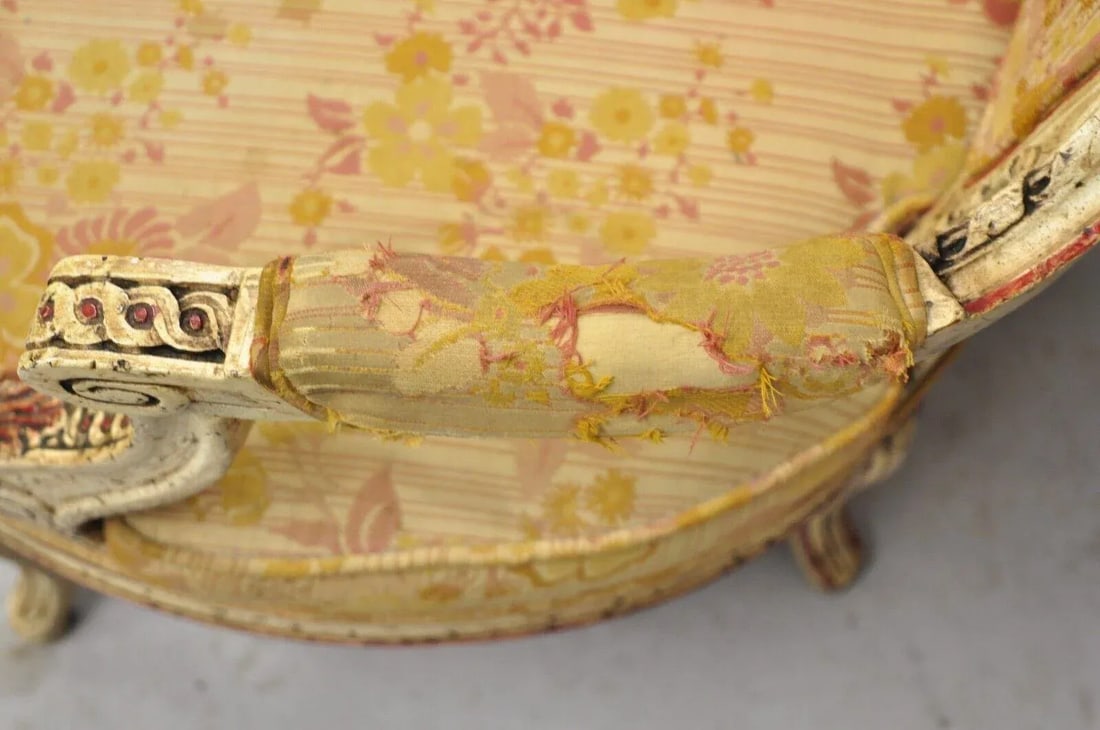 Mid 20th Century Vintage French Louis XV Style Cream and Red Painted Low Boudoir Fauteuil Chair - 9