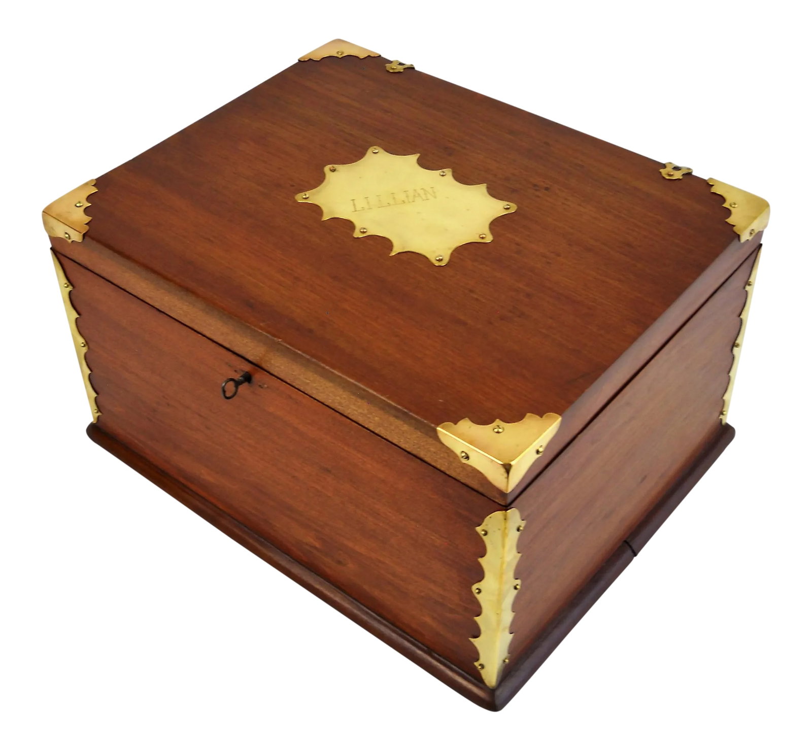 Antique Lillian Brass & Wood Box: Late 19th-C. wood box with beautiful decorative brass edges and a name plate engraved "Lillian" on top. The box appears to have been refinished with newer green velvet lined interior. Key is intact,