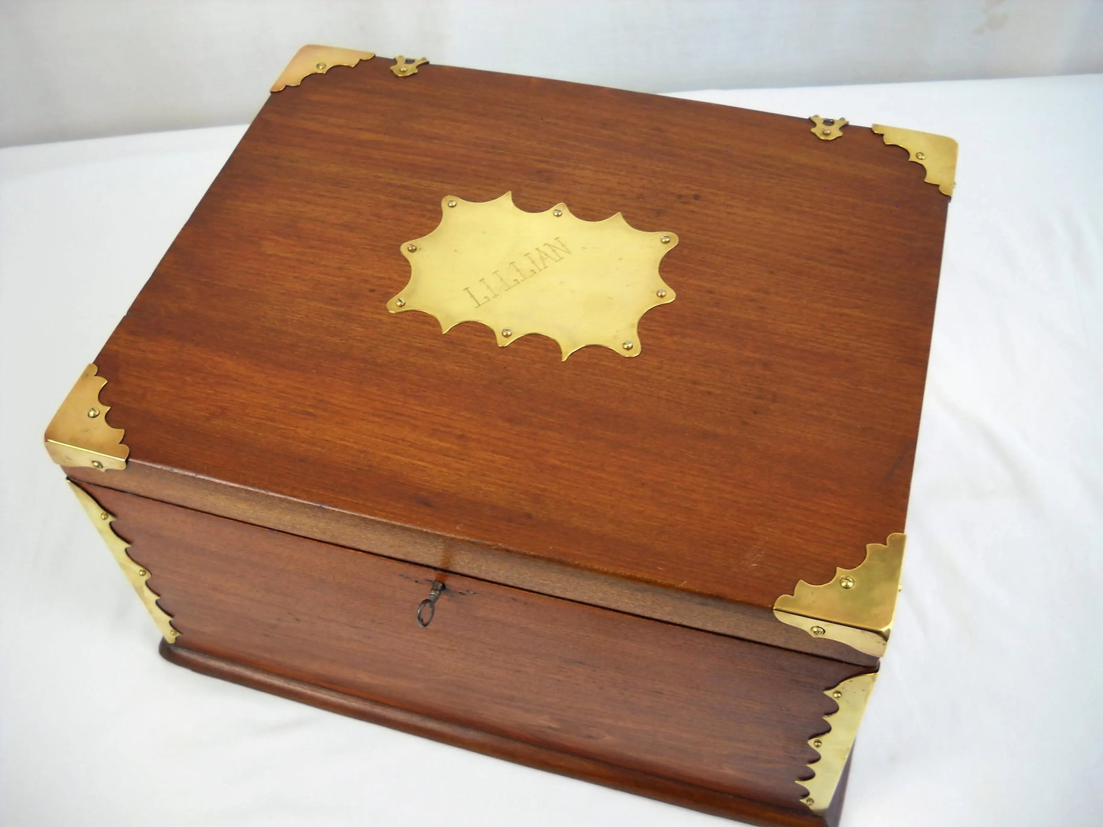 Antique Lillian Brass & Wood Box - 5