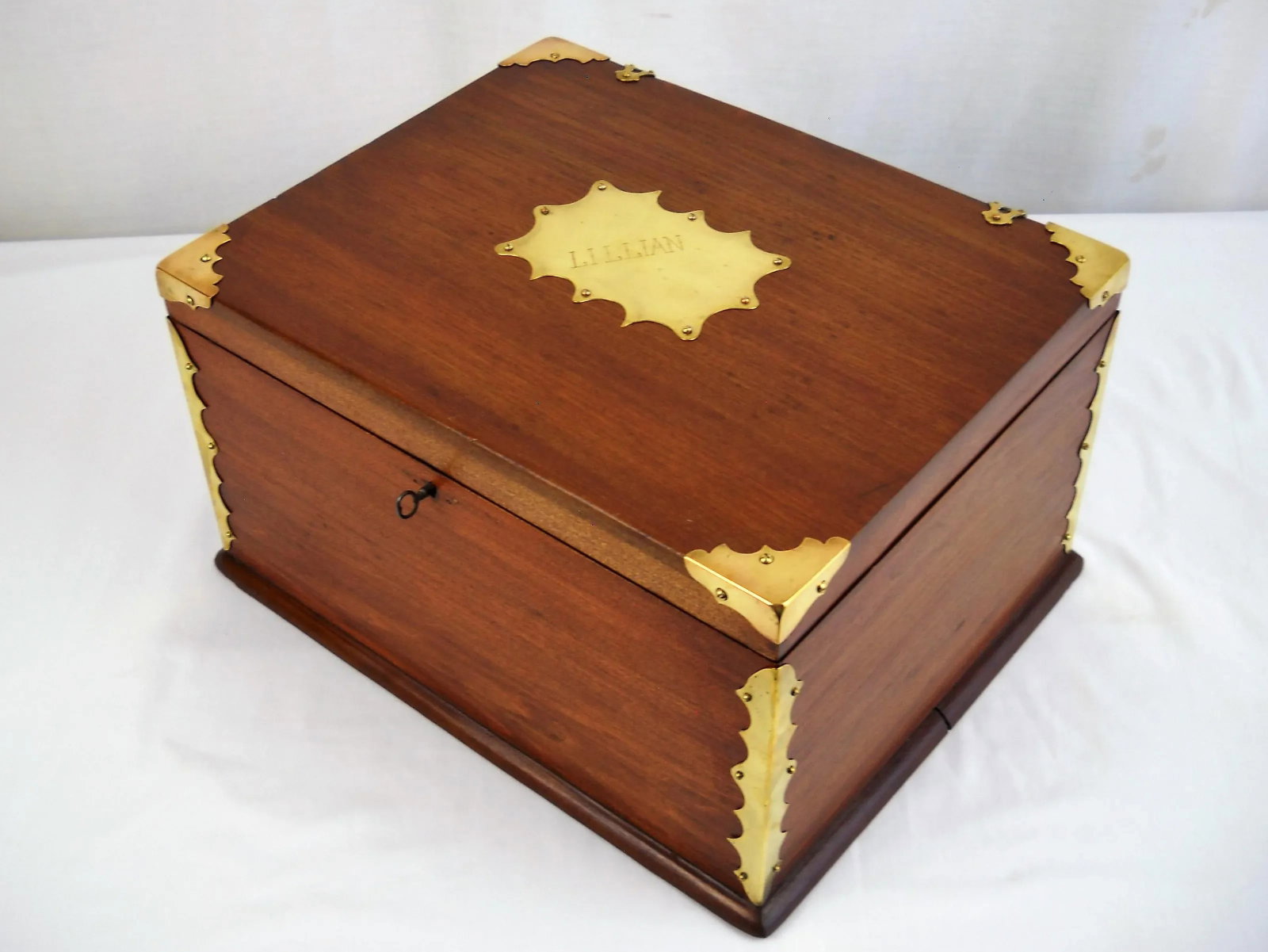Antique Lillian Brass & Wood Box - 8