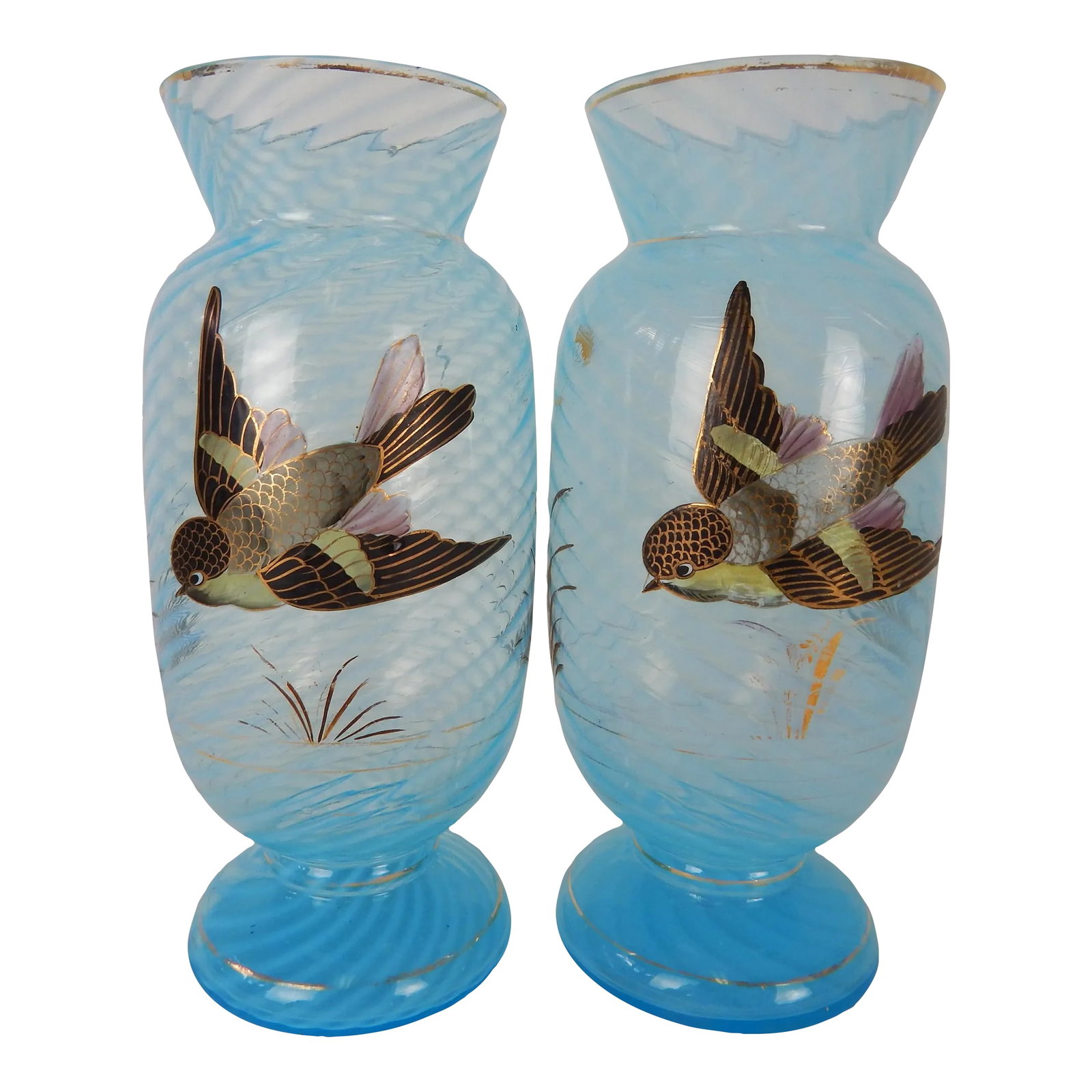 Antique Hand Painted Bird Vases - a Pair: Antique pair of blue glass vases hand-painted with delightful birds in flight. Sprays of gilded flowers, grasses, dragonflies and banding further adorn each vase. Bases are marked:"6." and "29.".