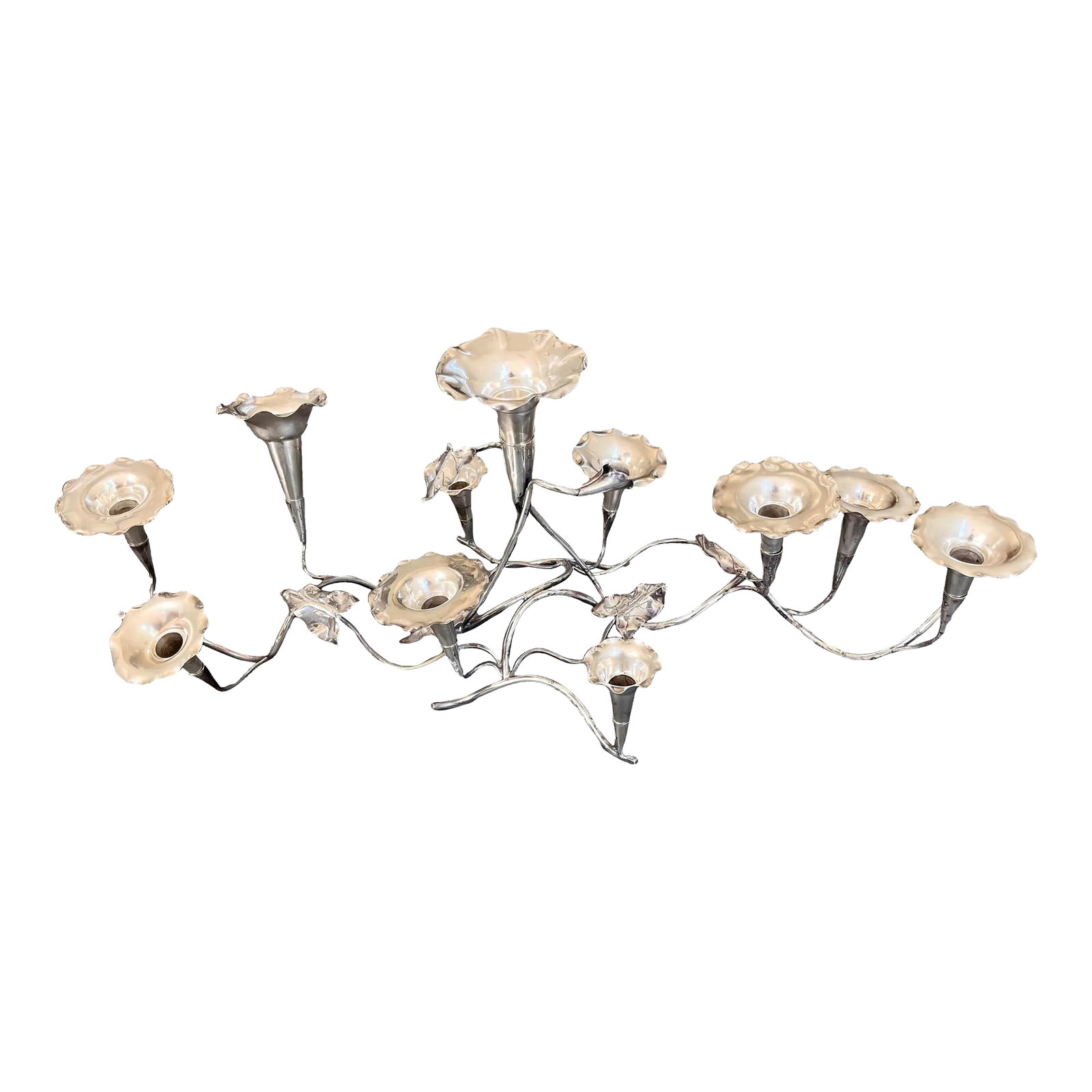 Large Art Nouveau Morning Glory Candelabra by Plata Lappas: Amazing silver plate Art Nouveau morning glory candelabra made in Argentina by Plata Lappas mostly likely in the early 18th century. This piece is grand in scale with 11 trumpet flower candle holders
